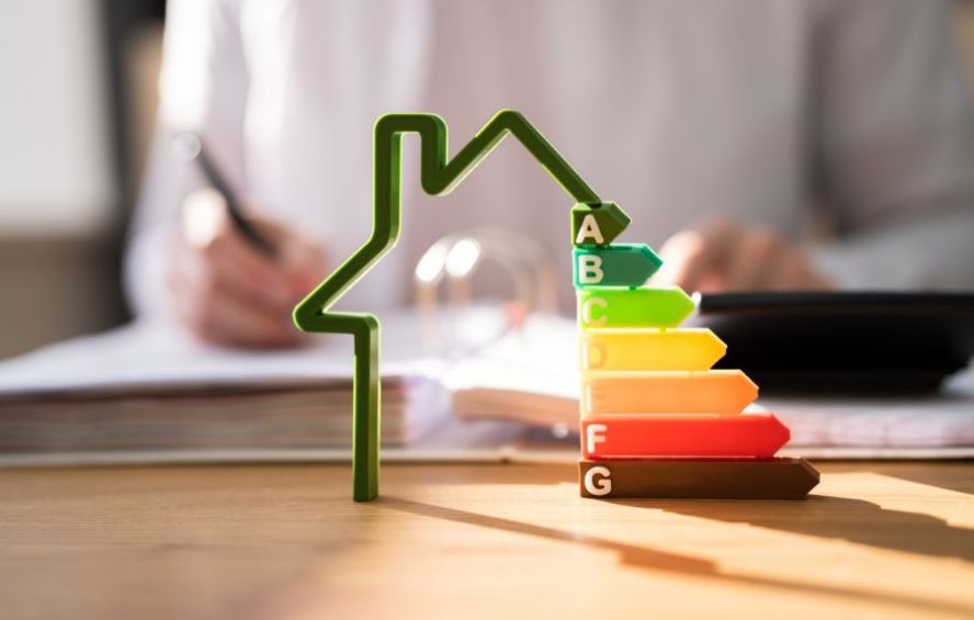 ein Haus in Miniaturform hat die Energielabel A-G als Wand und steht auf einem Schreibtisch.